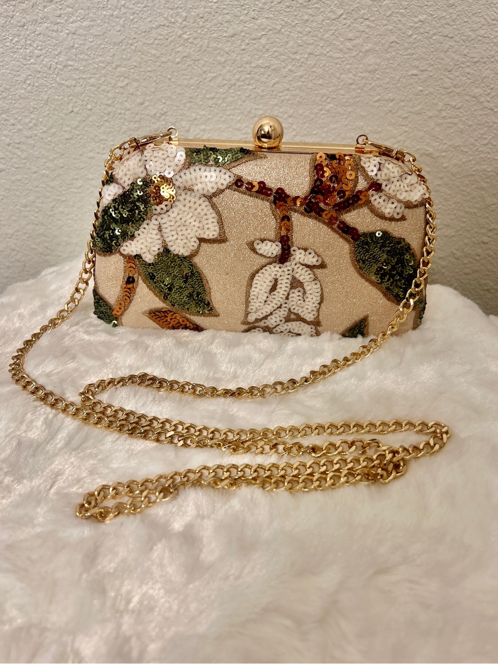 Sequined Floral Natural Beige White Green Evening Clutch with Gold Chain